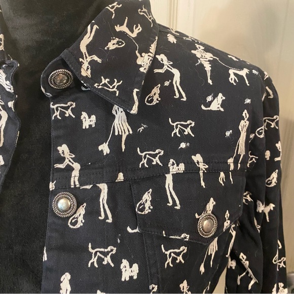 New Identity Crop Dog Print Jacket Button Down Black White print Denim Jacket Sm - Picture 2 of 9